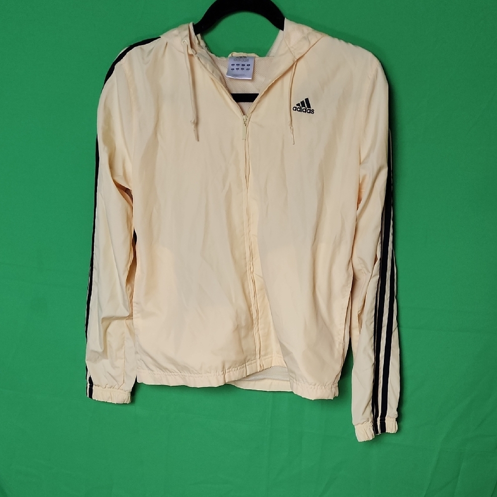 adidas Cream Hooded Zip Jacket with Black Sleeve Stripes